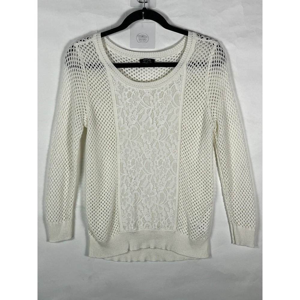 Apt 9 Open Knit Crochet Lace Detail Pullover Soft Light-Weight Sweater Ivory Med - Picture 2 of 9